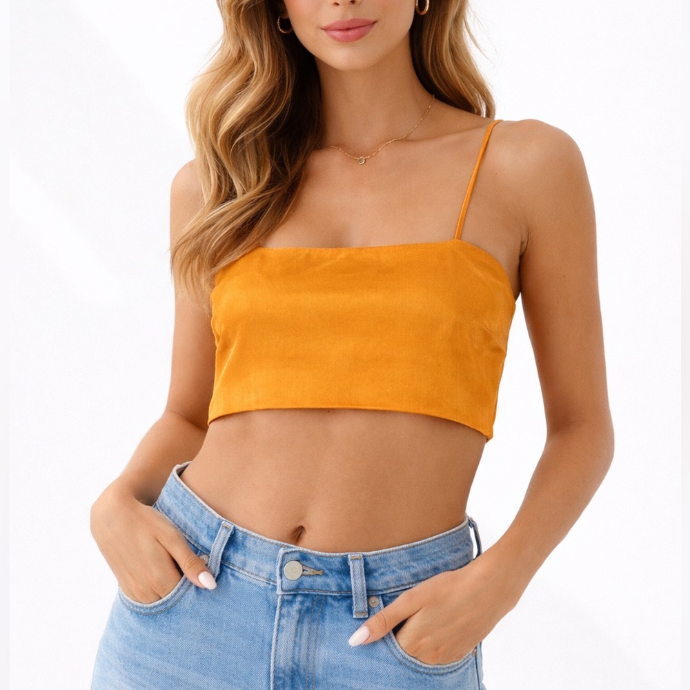 L’Academie‎ Los Angeles Shirt XS Crop Tube Top Orange Zip Back Spaghetti Strap